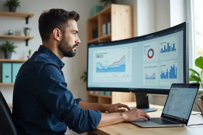 Consultant SEO analysant des données de référencement naturel sur un écran d'ordinateur dans un bureau moderne