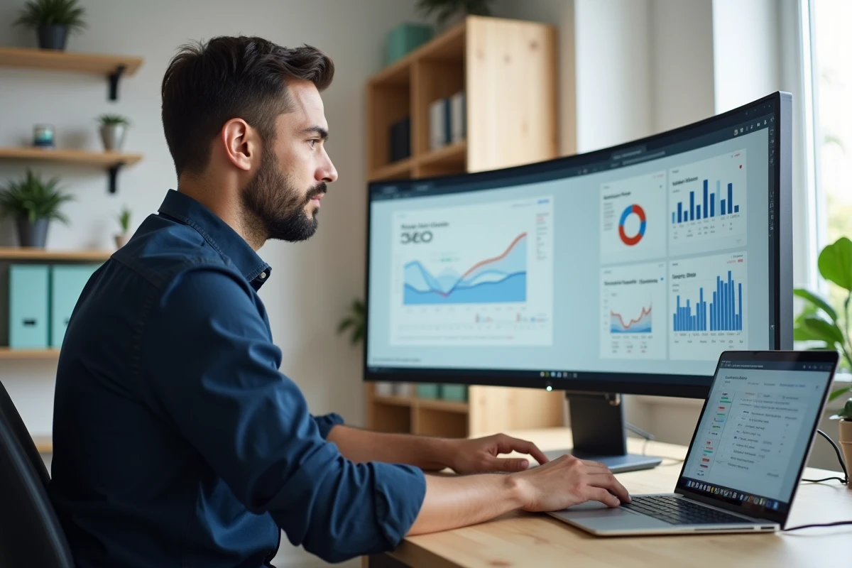 Consultant SEO analysant des données de référencement naturel sur un écran d'ordinateur dans un bureau moderne