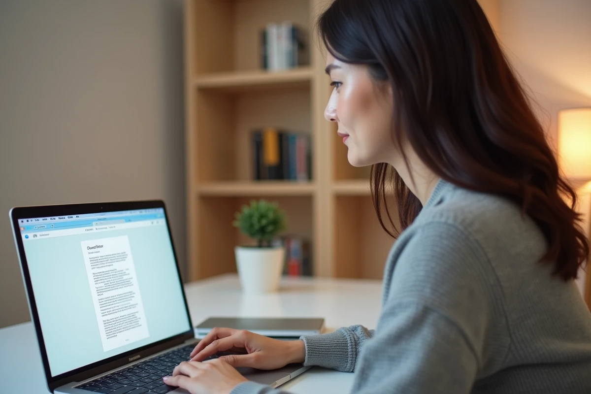Femme convertissant un fichier Pages en PDF depuis iCloud Drive sur un MacBook dans un bureau moderne