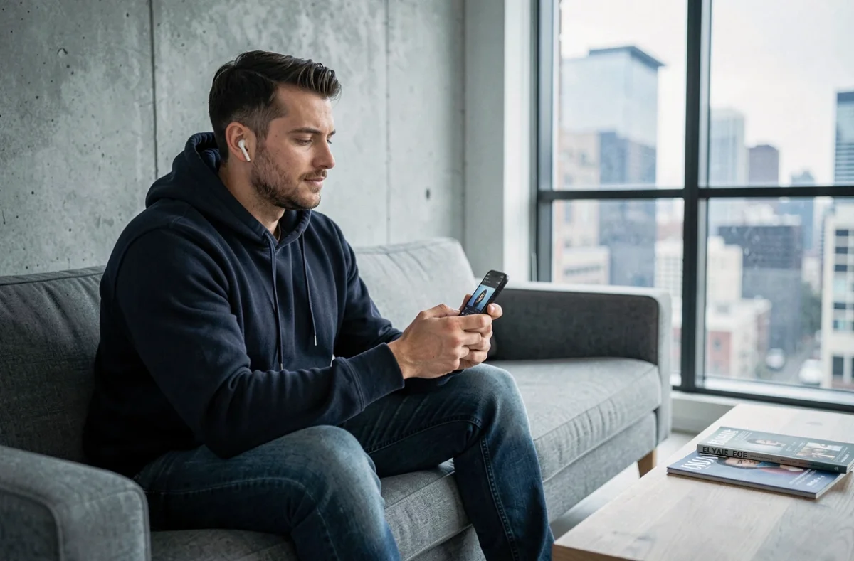 Homme écoutant de la musique sur smartphone dans un appartement moderne, illustrant l'usage de convertisseurs audio en ligne