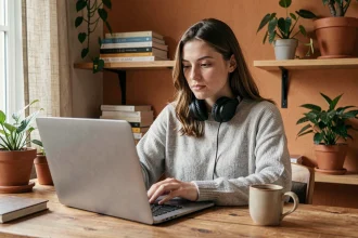 Jeune femme utilisant un ordinateur portable avec des écouteurs pour convertir des vidéos YouTube en MP3 dans un bureau à domicile