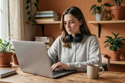 Jeune femme utilisant un ordinateur portable avec des écouteurs pour convertir des vidéos YouTube en MP3 dans un bureau à domicile