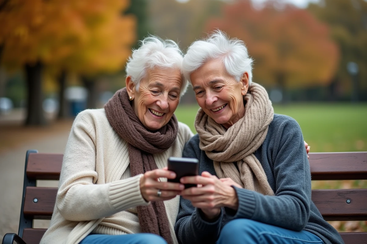 Couple de seniors découvrant ensemble un téléphone simplifié dans un parc en automne
