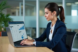 Une professionnelle analyste un tableau de coûts annuels d'un logiciel emailing sur son ordinateur portable dans un bureau moderne
