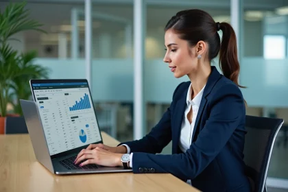 Une professionnelle analyste un tableau de coûts annuels d'un logiciel emailing sur son ordinateur portable dans un bureau moderne