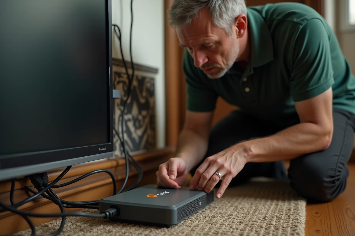 Homme inspectant les câbles d'un décodeur Orange derrière un meuble télévision pour résoudre le code erreur L11-09