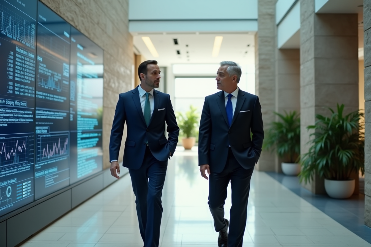 Deux cadres discutant devant des écrans d