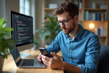 Jeune homme developpeur avec smartphone dans un bureau lumineux