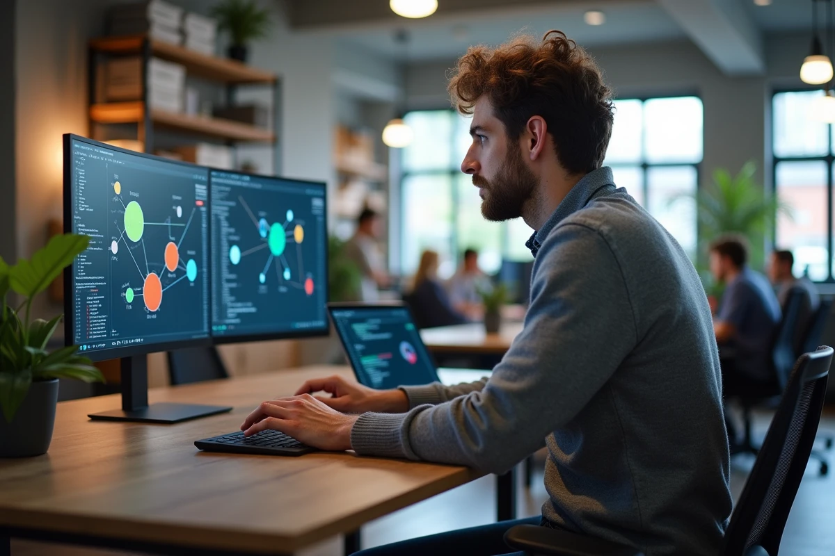 Développeur intégrant une nouvelle technologie dans une stack existante sur un bureau moderne avec des diagrammes d'architecture système visibles à l'écran