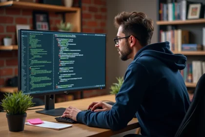 Développeur web analysant un script bash dans un terminal sur un grand moniteur ultrawide dans un bureau home office moderne