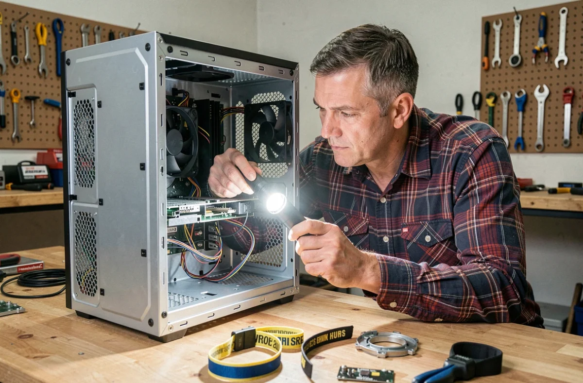 Technicien inspectant les composants internes d'un PC ouvert pour diagnostiquer un problème de pilote ou de matériel