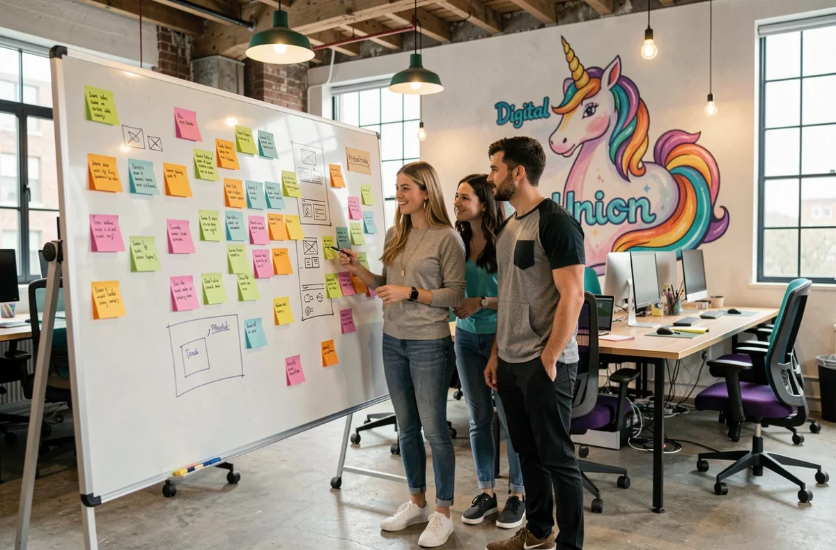 L'équipe créative de Digital Unicorn, agence WordPress de la Sarthe, lors d'une session de brainstorming autour d'un tableau blanc