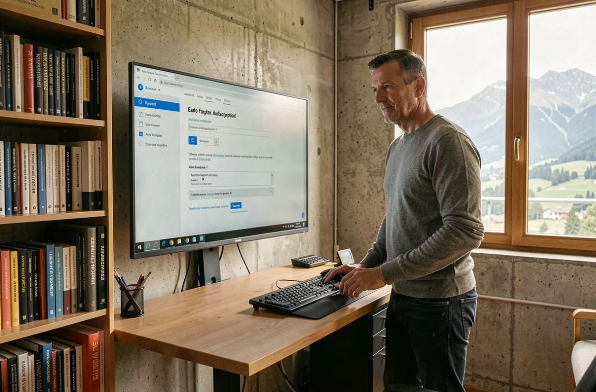 Homme paramétrant la double authentification de sa messagerie depuis son bureau à domicile avec vue sur les montagnes de Grenoble