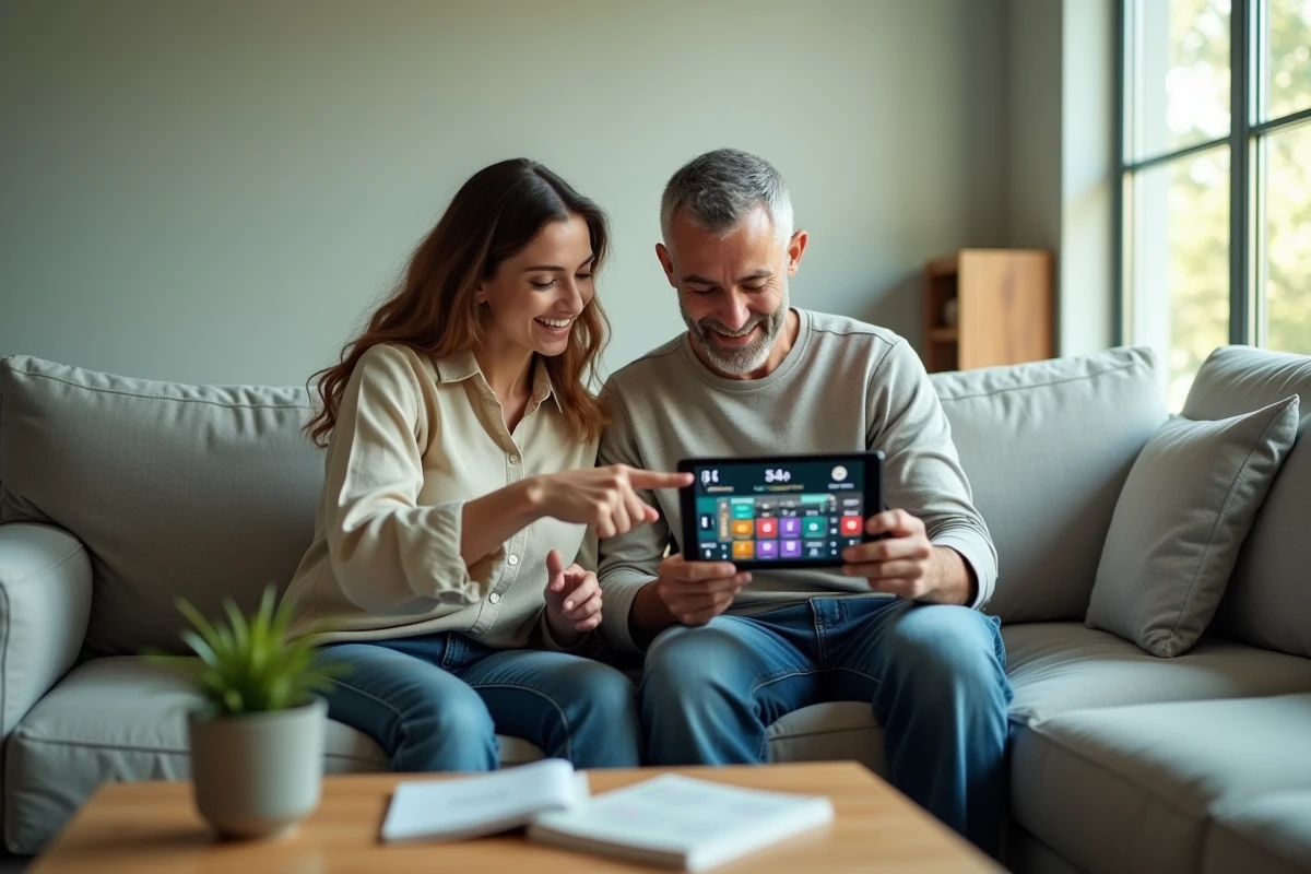 Deux adultes découvrant ensemble une méthode visuelle pour apprendre le Démineur sur une tablette