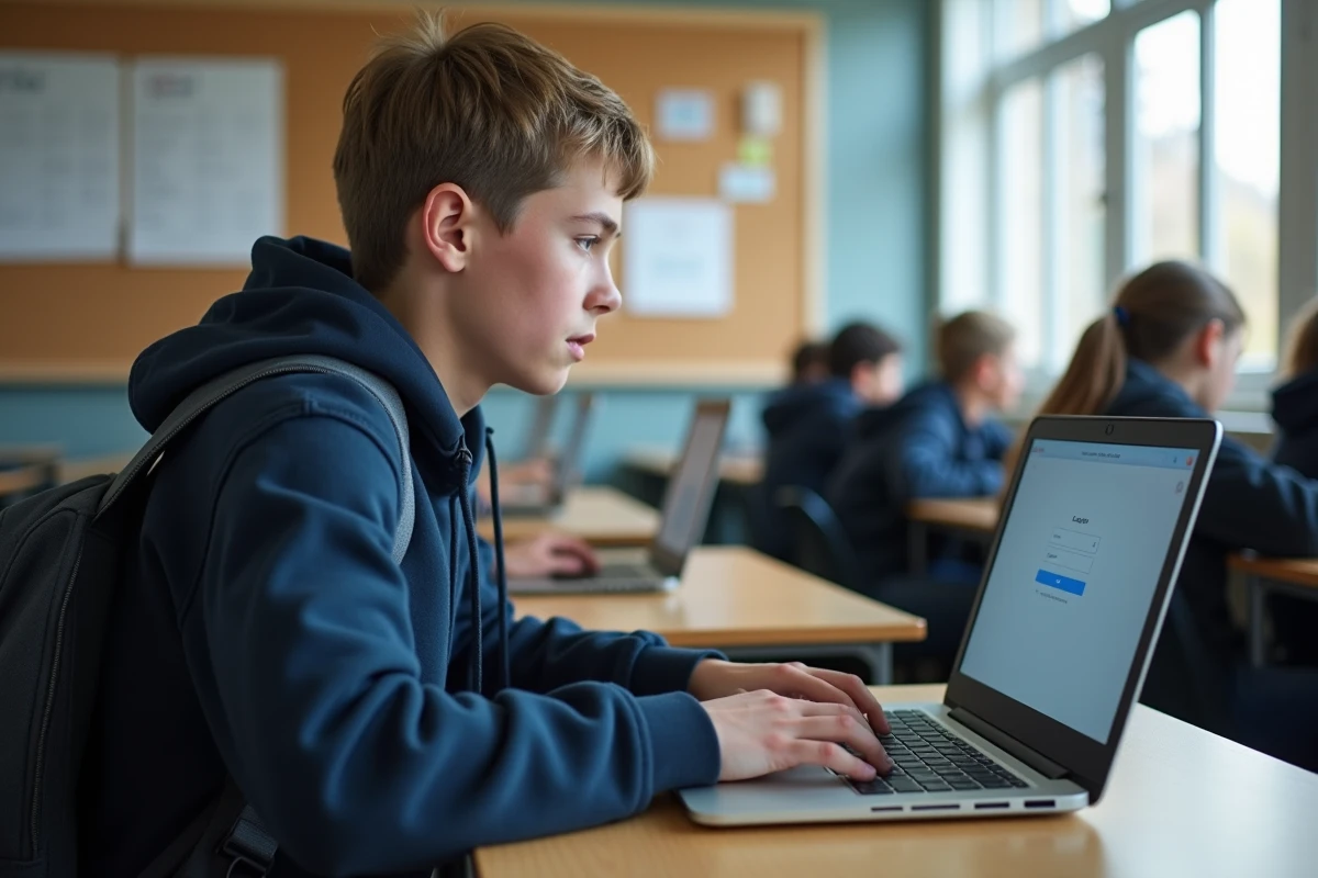 Élève lycéen tapant son mot de passe sur un ordinateur portable dans une salle informatique scolaire, illustrant la sécurisation d'un compte ENT Paris classe numérique