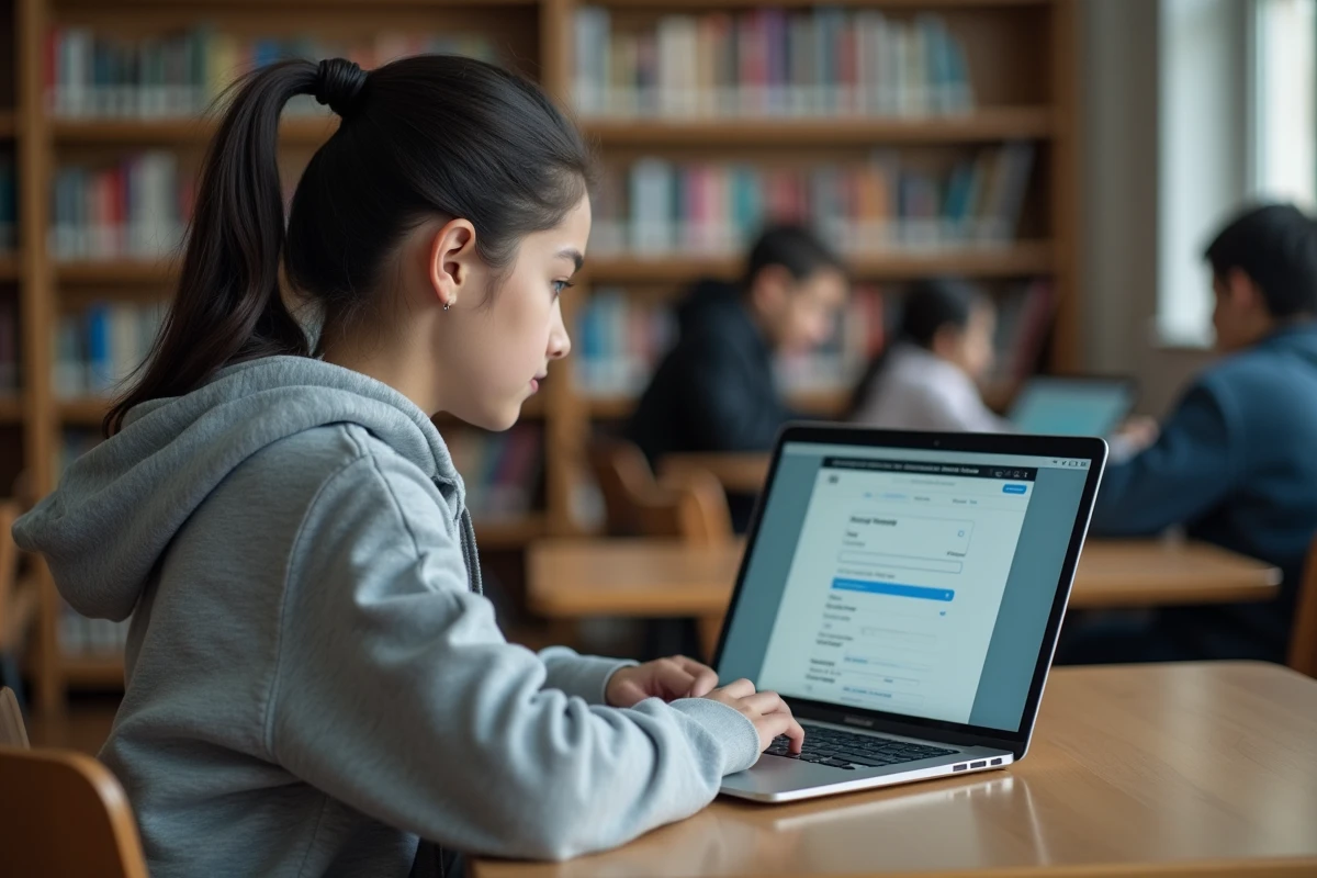 Adolescente consultant un espace numérique de travail scolaire ENT sur ordinateur portable dans une bibliothèque de lycée