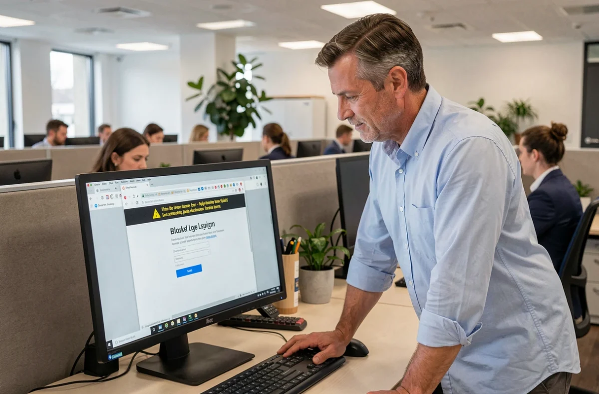 Employé de bureau consultant un message de blocage de connexion sur son ordinateur de travail