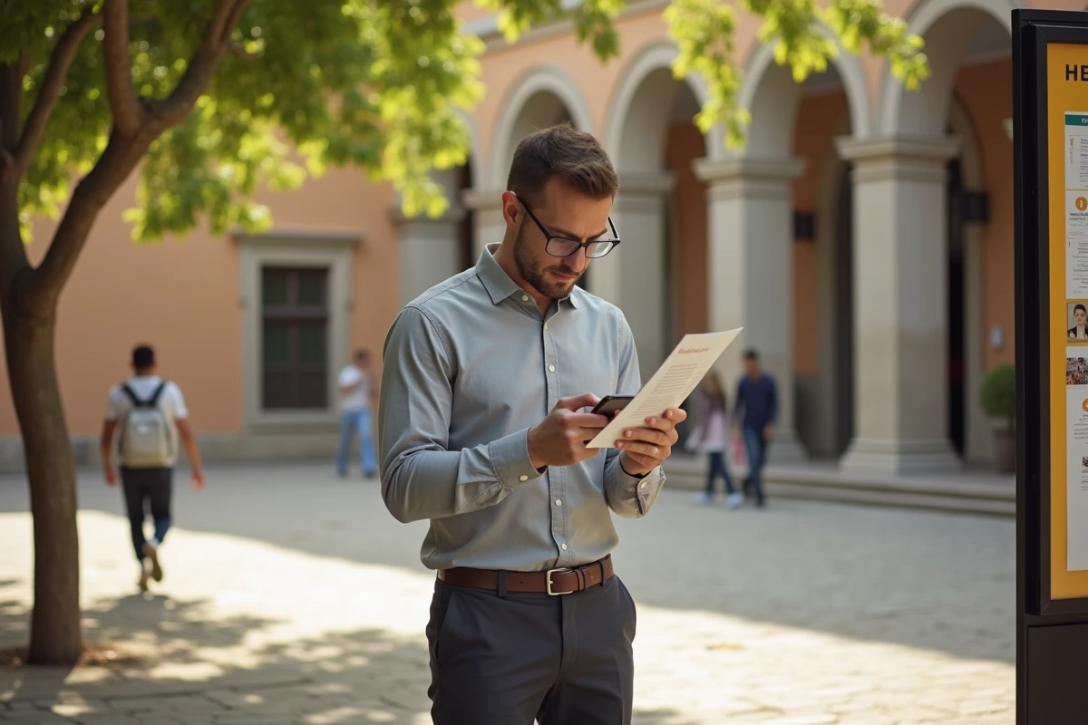 Nouvel enseignant consultant ses identifiants de connexion au webmail académique dans une cour de campus universitaire à Montpellier