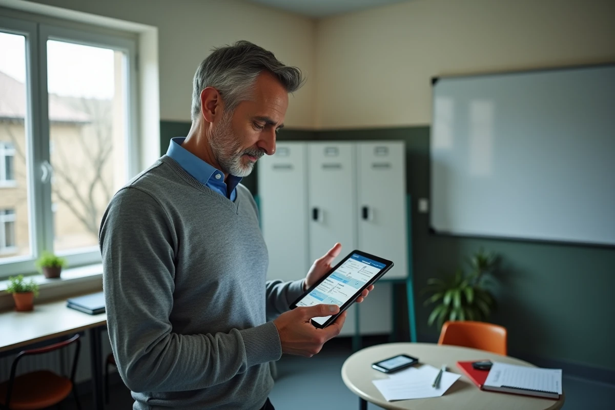 Enseignant consultant l'ENT académique de Nantes sur une tablette dans une salle des professeurs