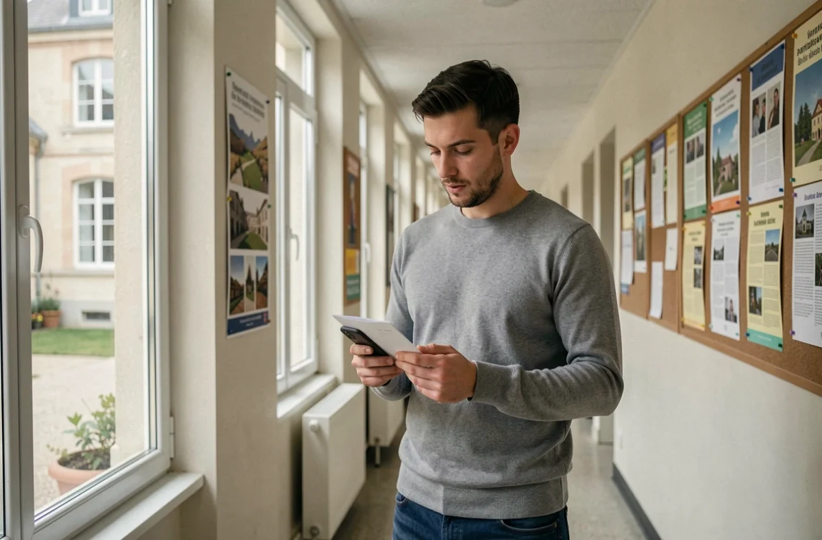 Nouvel enseignant consultant son mail ac-versailles.fr sur smartphone dans un couloir d'établissement scolaire