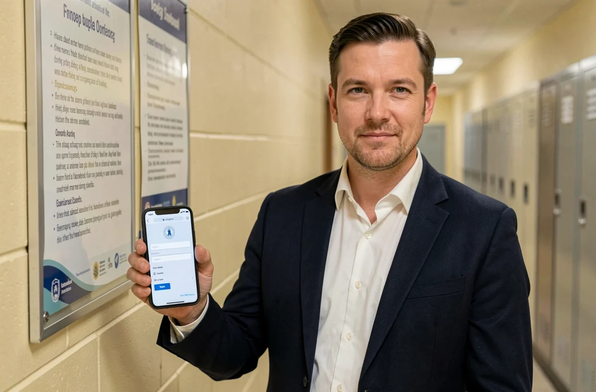 Enseignant accédant à sa messagerie académique Webmel depuis un smartphone dans un couloir d'établissement scolaire