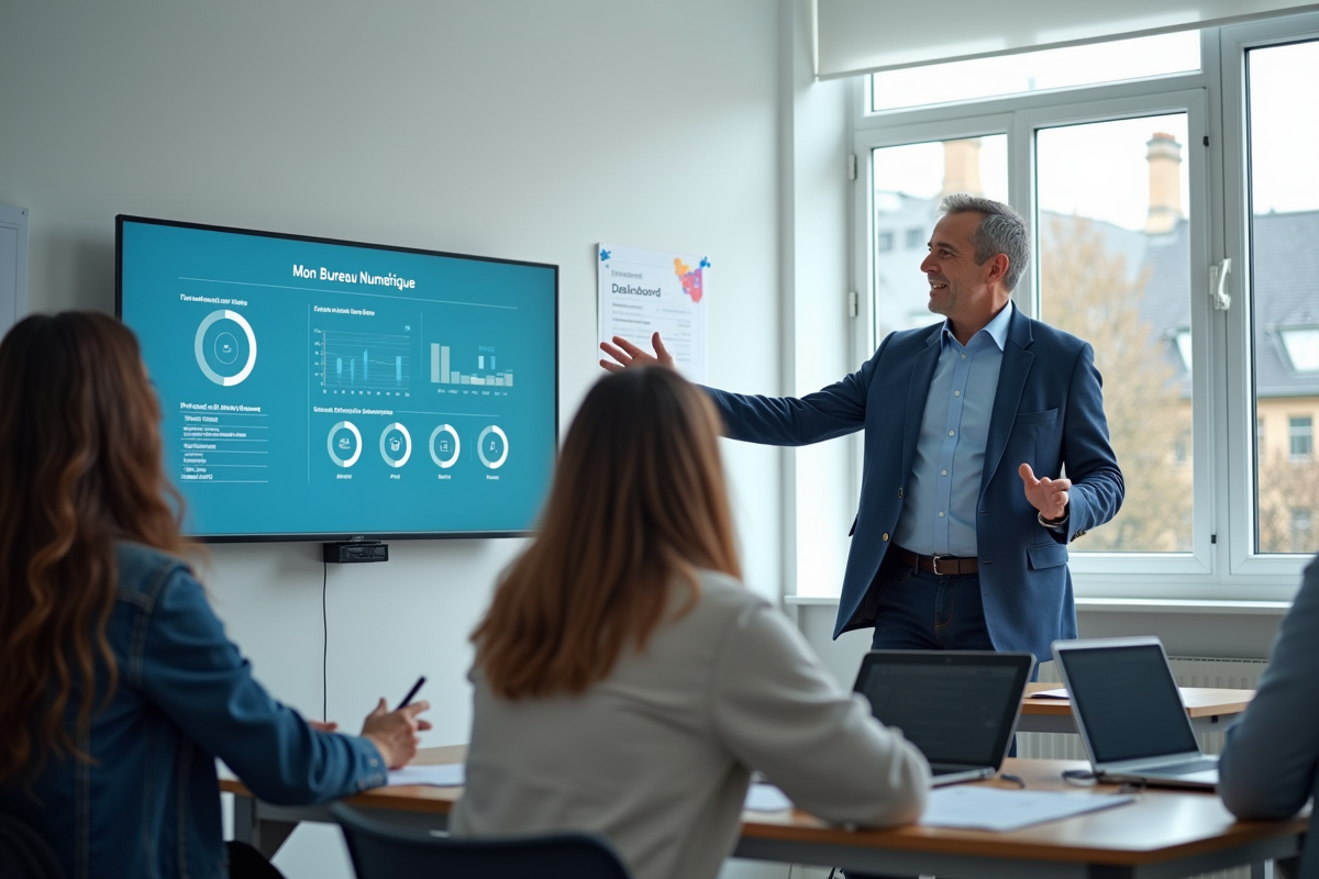 Professeur devant un écran interactif avec élèves attentifs en classe