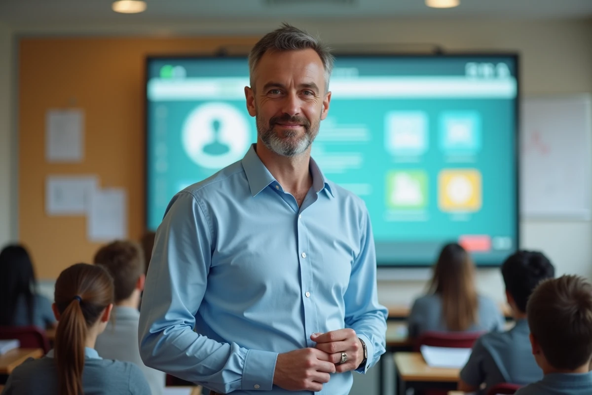 Enseignant devant un tableau interactif affichant un portail numérique éducatif de type ENT dans une salle de classe moderne