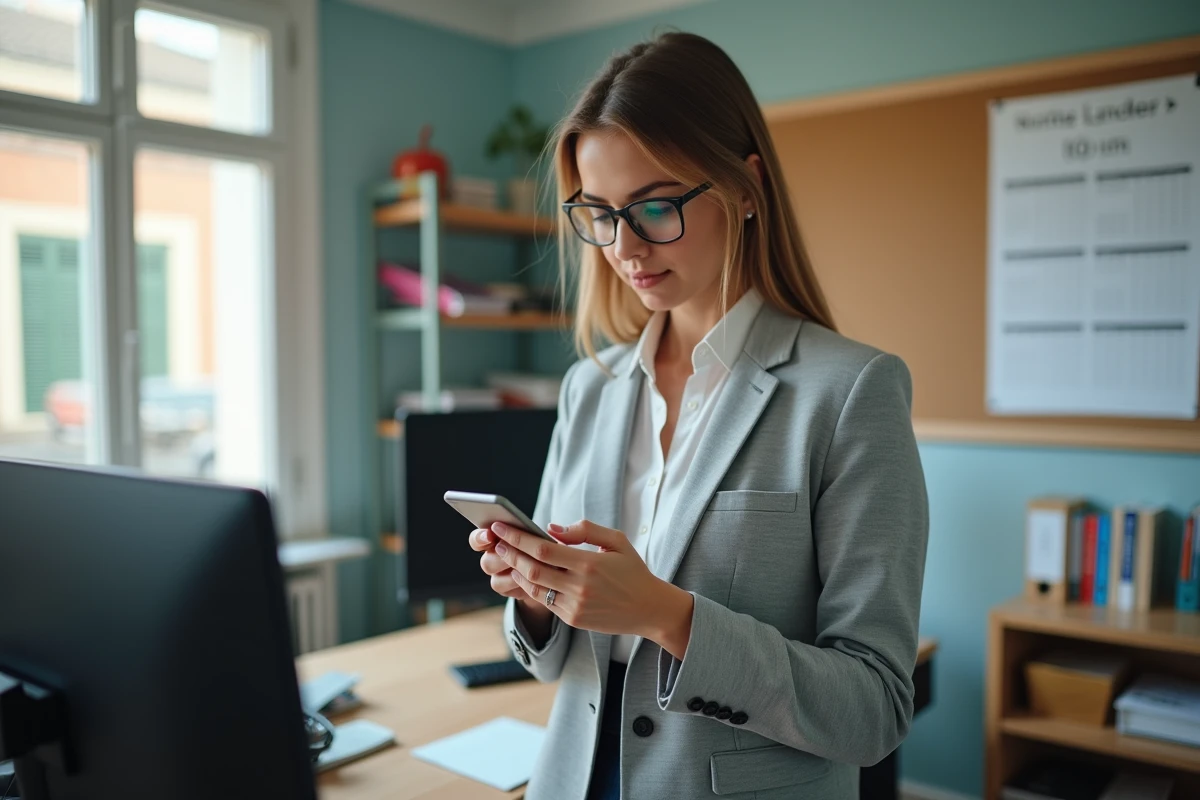 Enseignante vérifiant une notification d'authentification à deux facteurs sur smartphone dans un bureau scolaire, pour illustrer les bonnes pratiques de connexion au compte ENT
