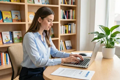 Jeune enseignante configurant son mail académique de Versailles sur un ordinateur portable dans un bureau scolaire moderne