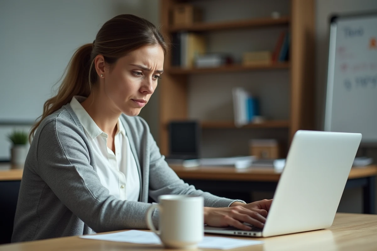 Enseignante frustrée devant une erreur de connexion webmail sur son ordinateur portable dans une salle des professeurs