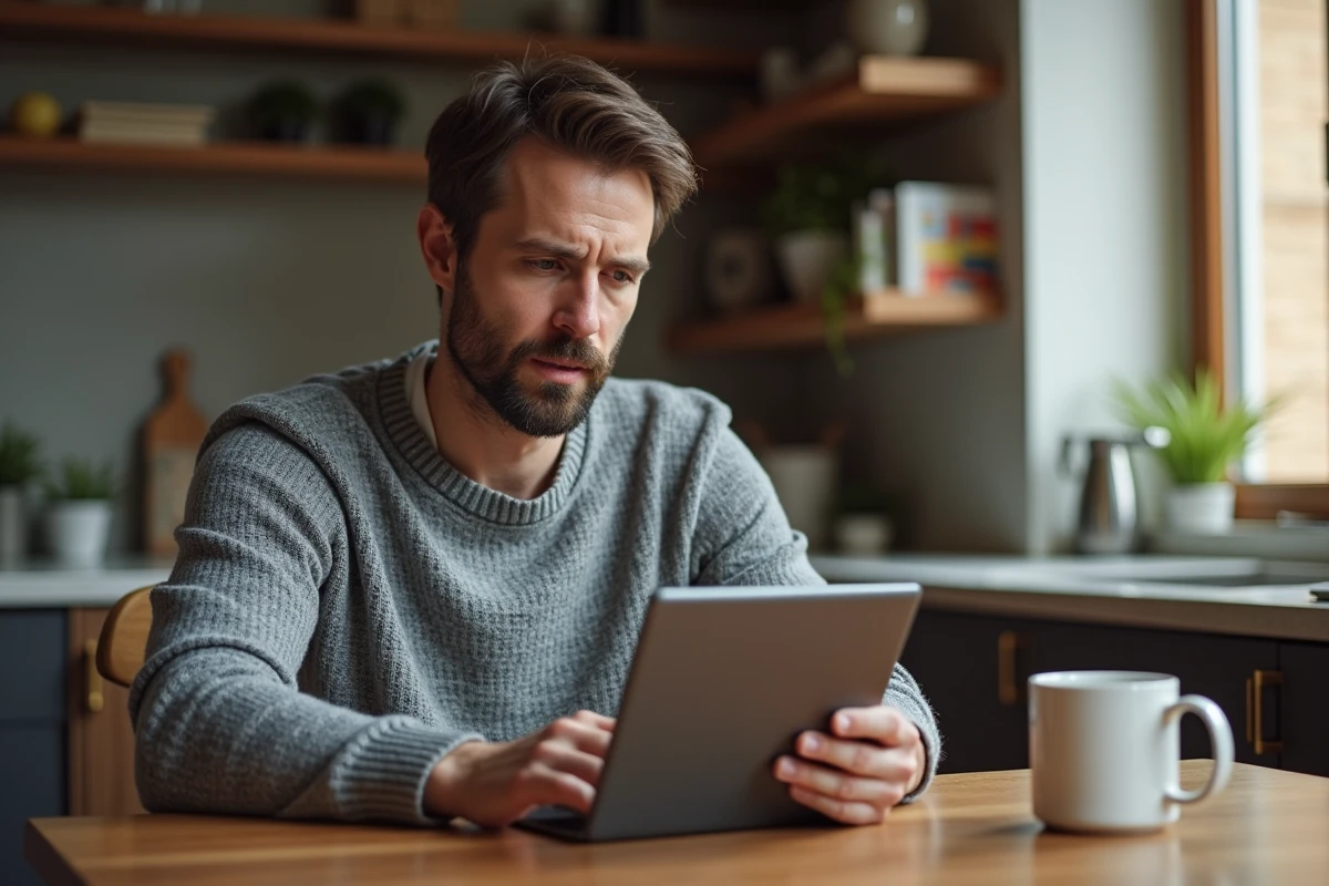 Un entrepreneur à domicile évalue le coût annuel d'un abonnement à un logiciel emailing sur une tablette depuis son bureau chez lui