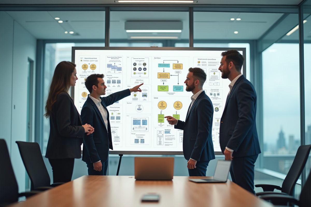 Groupe de professionnels IT discutant autour d
