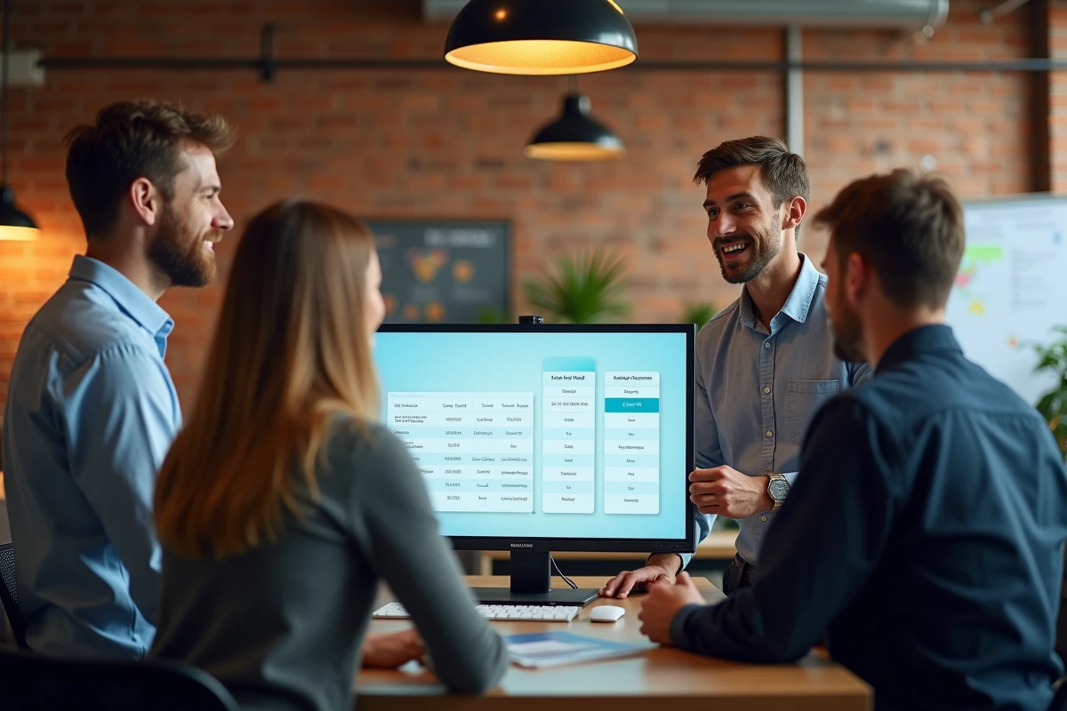 Une équipe marketing compare les tarifs annuels de différents logiciels emailing sur un grand écran dans un espace de travail collaboratif
