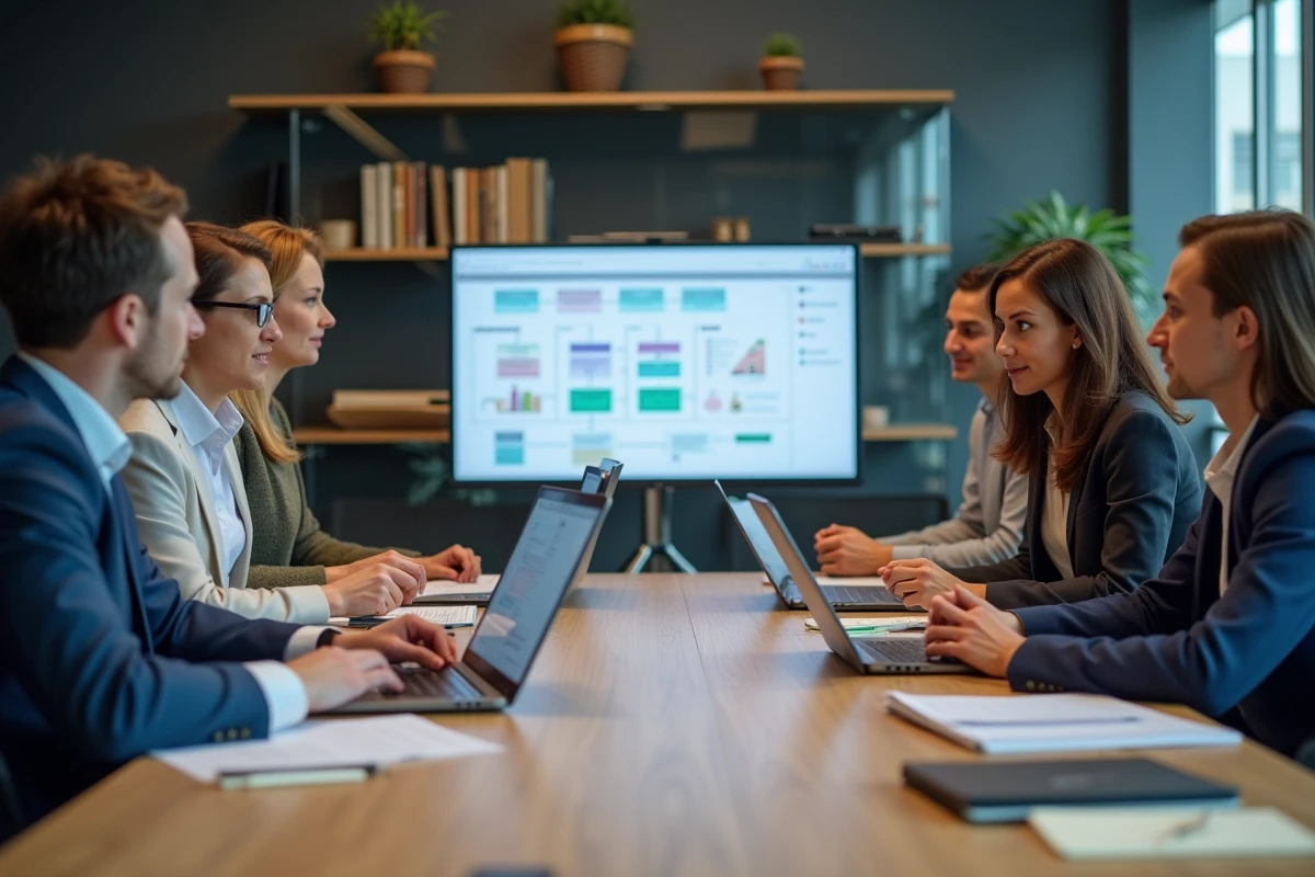 Groupe diversifié en réunion autour d un tableau de migration