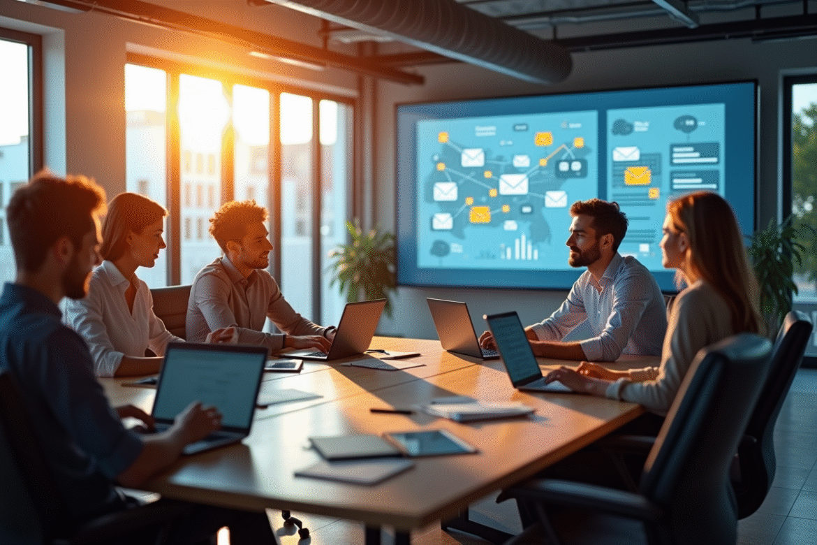 Groupe de professionnels collaborant autour d'une stratégie marketing par email