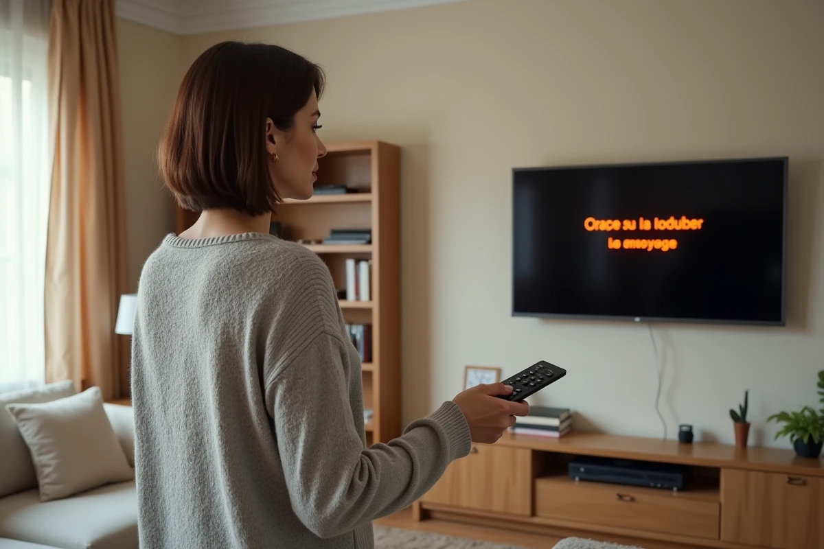 Femme tenant une télécommande devant une télévision affichant le message d'erreur L11-09 du service Orange dans un salon