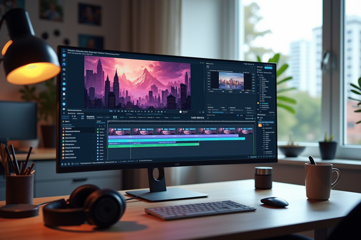 Espace de travail moderne avec moniteur affichant montage vidéo