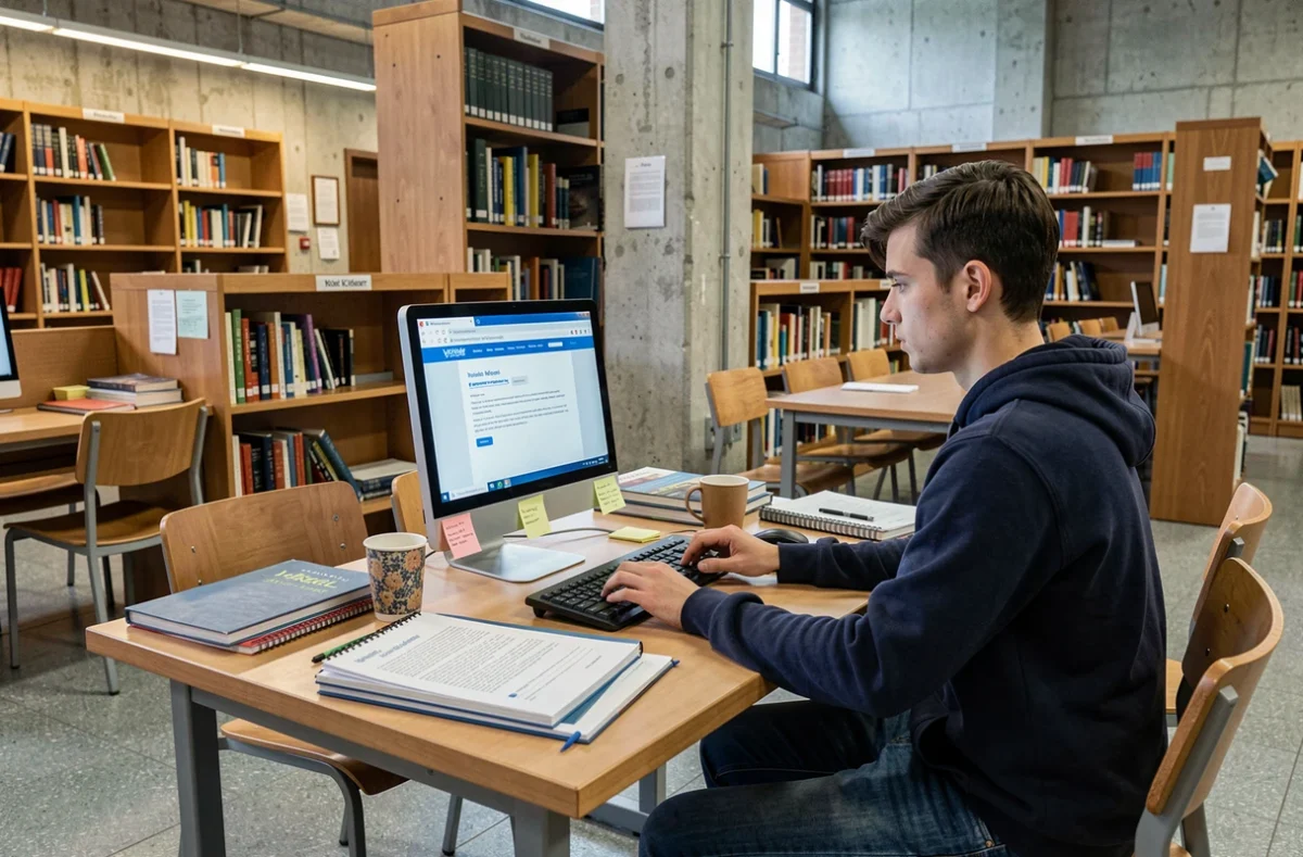 Étudiant consultant une page d'assistance pour son webmail universitaire dans une bibliothèque française