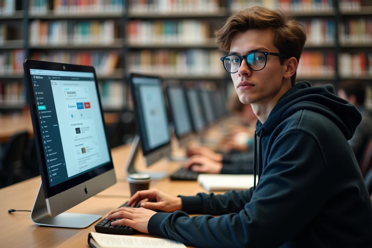 Étudiant comparant le webmail académique et l'ENT sur un ordinateur dans une bibliothèque universitaire