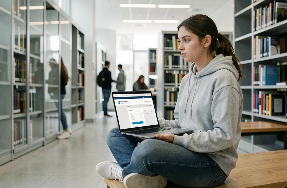 Étudiante accédant à son webmail universitaire sur un ordinateur portable dans une bibliothèque académique