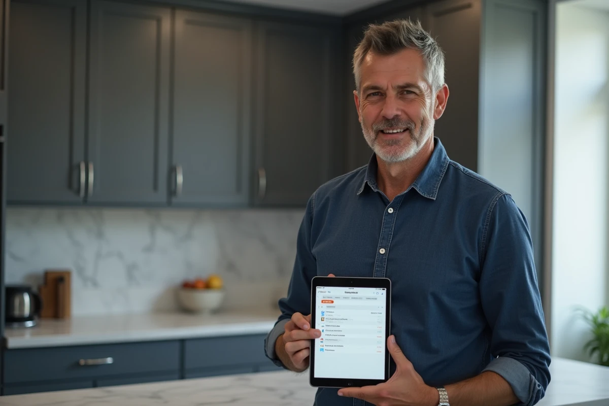 Homme utilisant iCloud sur iPad pour exporter un document Pages au format PDF dans une cuisine moderne