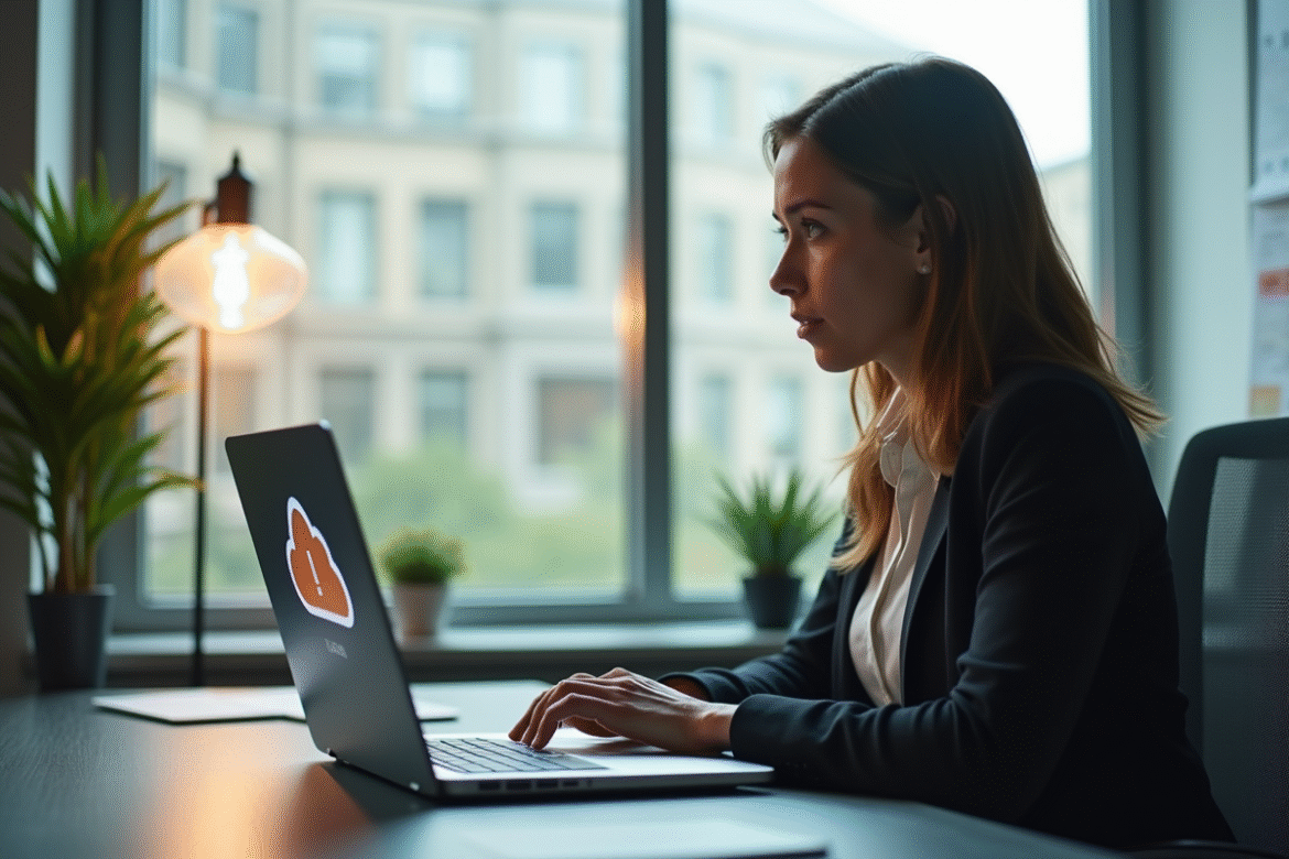 Femme d'affaires inquiète devant son ordinateur avec icône cloud et avertissement