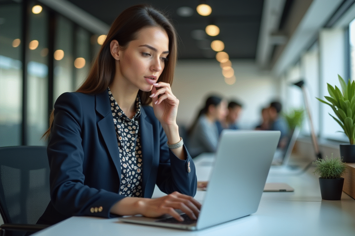 Femme d'affaires analysant des données CRM sur son ordinateur