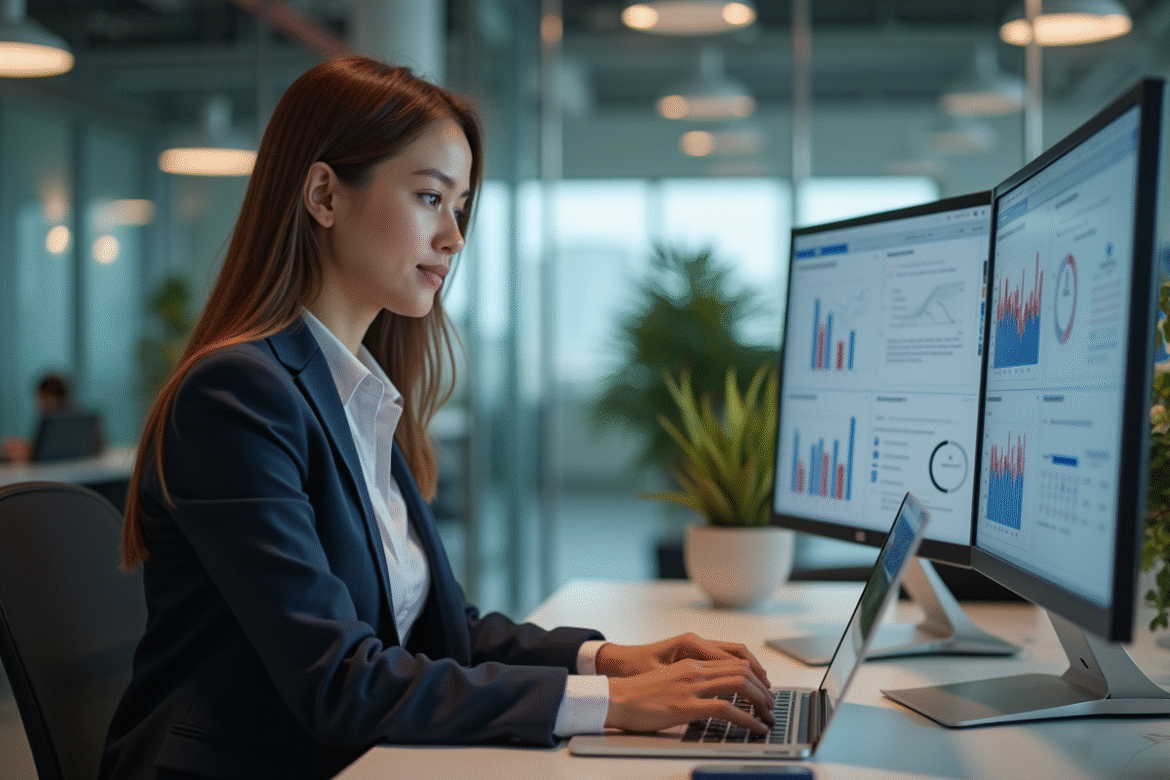 Jeune femme d'affaires travaillant sur un ordinateur en open space