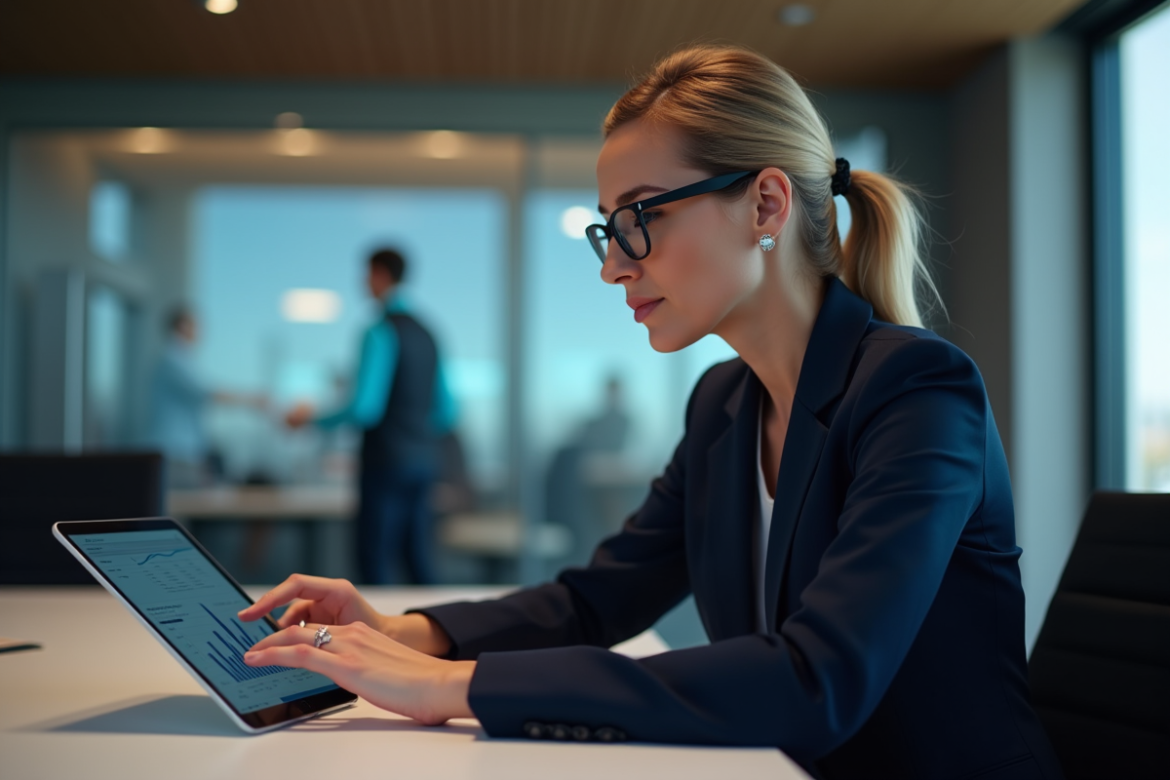 Femme d'affaires analysant des graphiques numériques en réunion