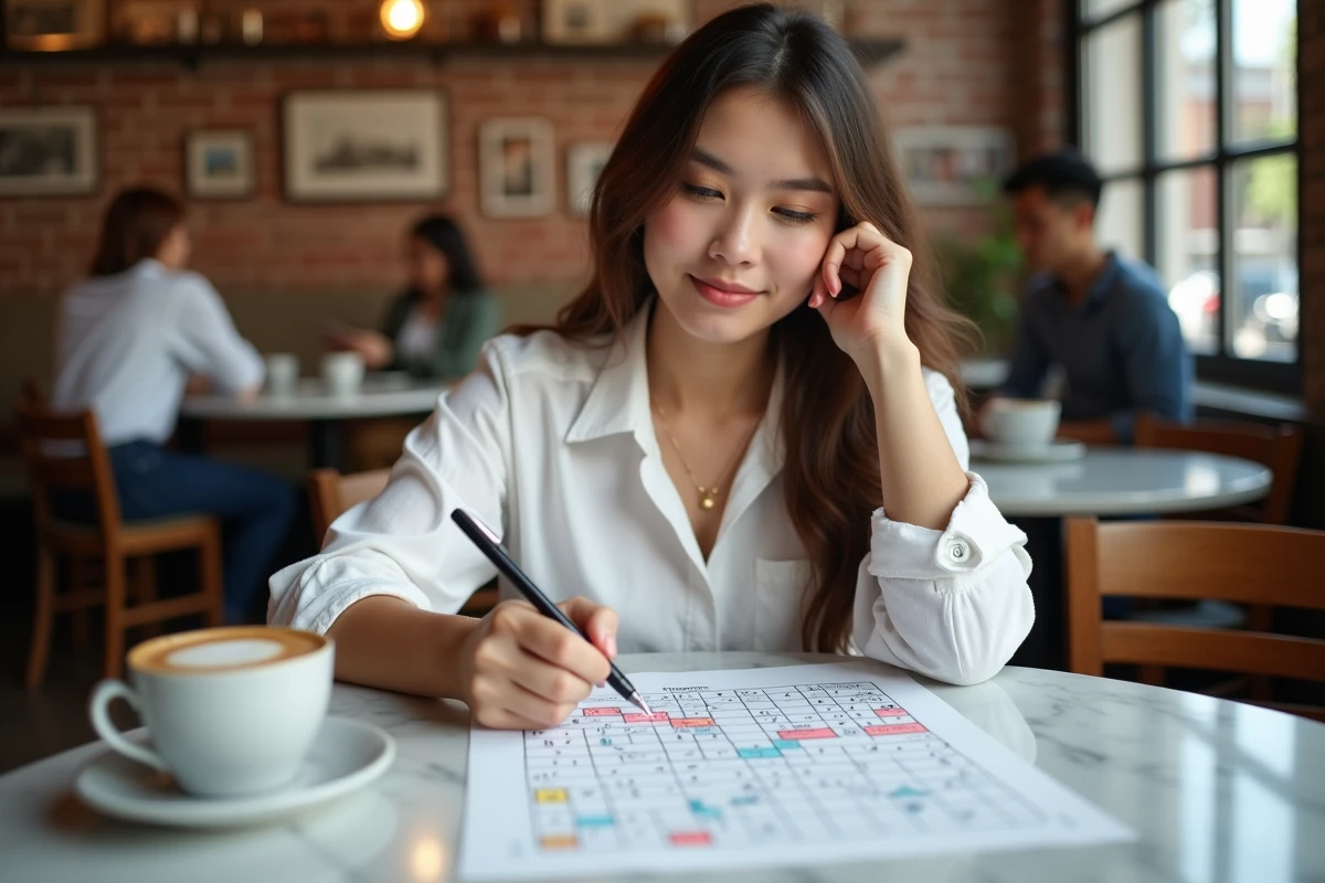 Jeune femme annotant une fiche pédagogique sur les règles du Démineur dans un café