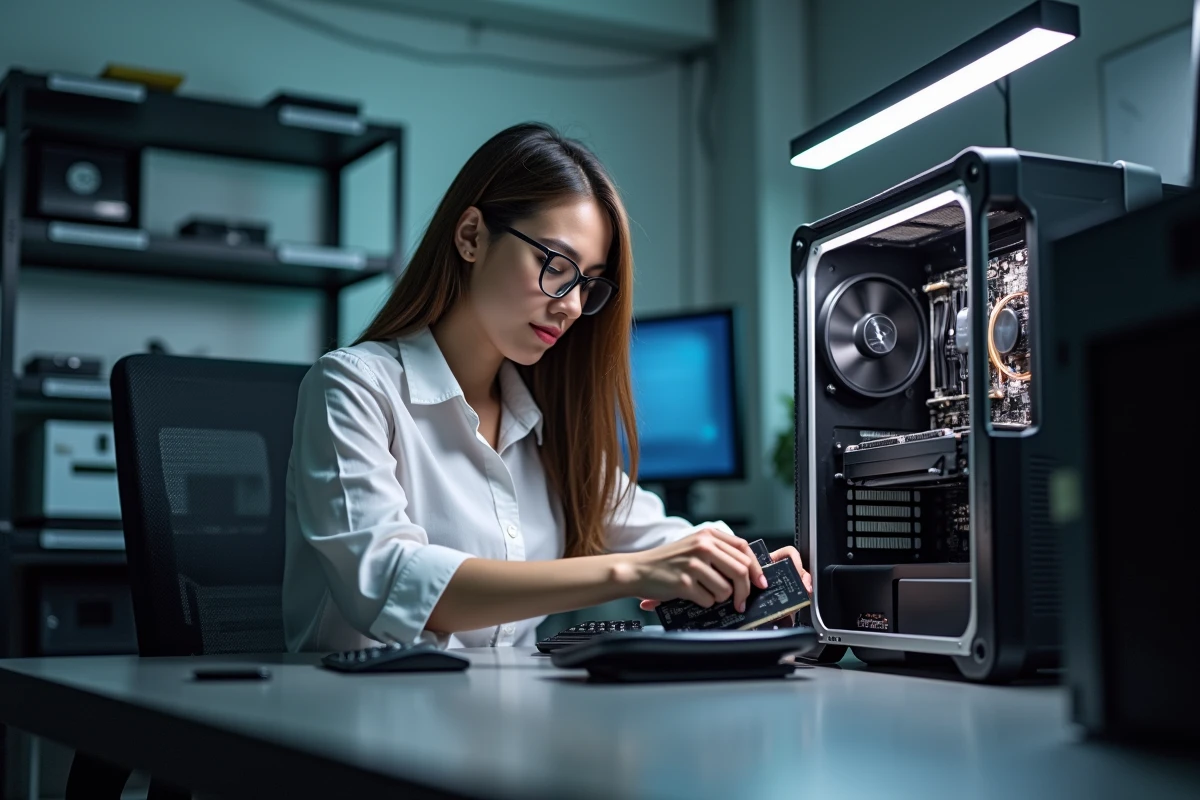 Femme assemblant une carte graphique dans un boitier
