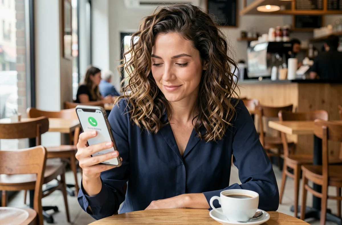 Femme consultant l'application Begone sur son smartphone Android dans un café pour bloquer les numéros indésirables