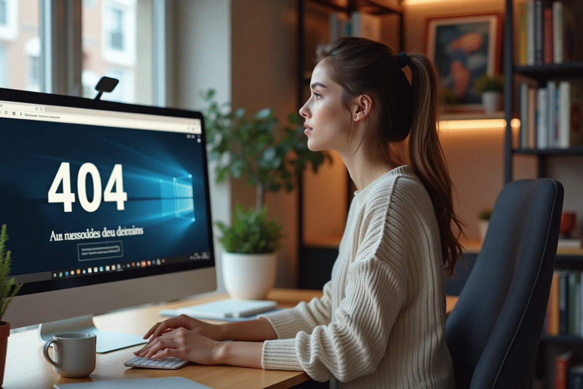 Jeune femme au bureau regardant un écran 404 en français