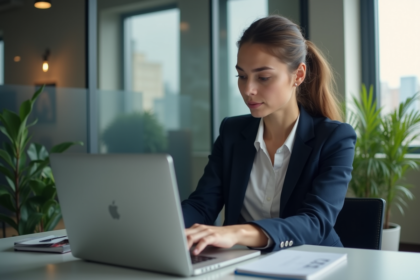 Jeune femme en bureau regardant son ordinateur